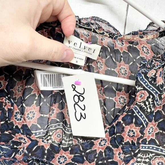 Velvet Shirt Women Size Small Multi Ruffle Scoop Neck Short Sleeve Blouse Boho - Picture 2 of 6